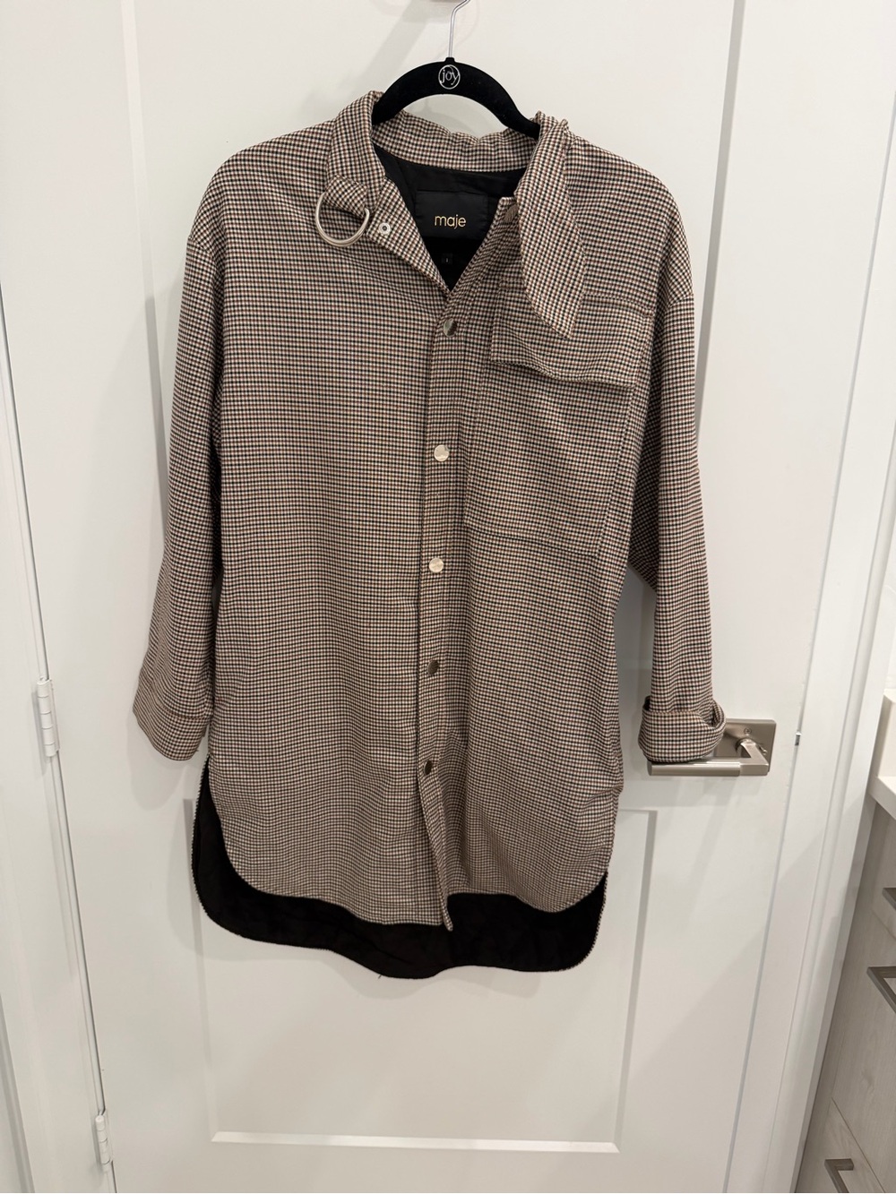 Maje Men's Beige and Black Micro-Houndstooth Shirt Jacket with Ring Detail